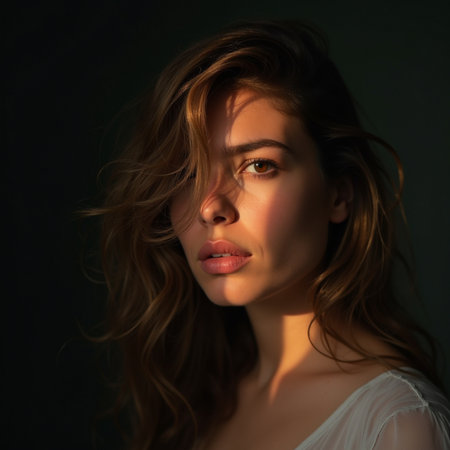 Portrait of beautiful young woman with long wavy hair on dark backgroundの素材