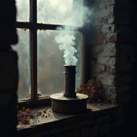 Vape concept. Smoke from a chimney on the background of the windowの素材