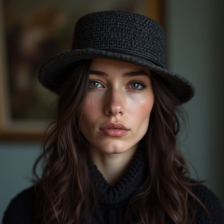 Portrait of a beautiful young woman in black hat and sweater.の素材