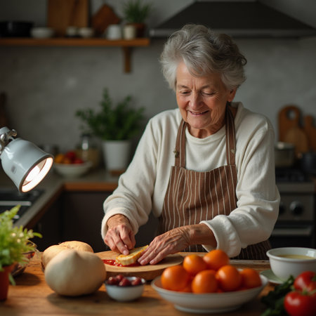 Elderly woman cooking in the kitchen at home. Healthy food conceptの素材