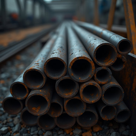 Steel pipes on the railroad. Industrial background. Selective focus.の素材