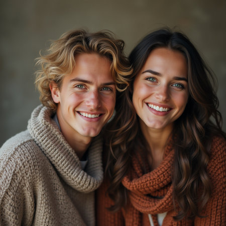 Portrait of happy young couple in warm sweaters looking at cameraの素材