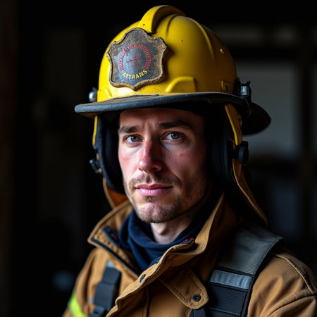 Portrait of a firefighter wearing a helmet and looking at the cameraの素材