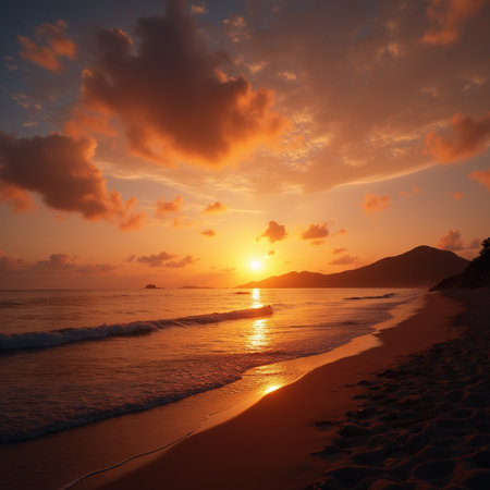 Beautiful sunset on the beach, Seychelles, Maheの素材