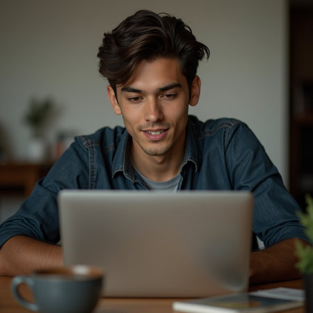 Portrait of young man using laptop while sitting at table in officeの素材