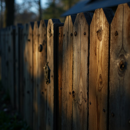 Wooden fence in the evening sun. Close-up. Selective focus.の素材