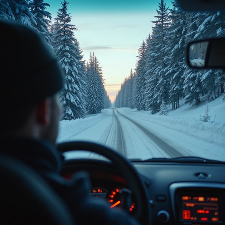 Driving a car on a winter road through the snowy forest.の素材