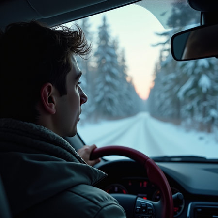 Young man driving a car on a winter road in the forest.の素材