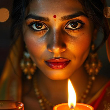 Beautiful Indian woman with diwali diya on faceの素材