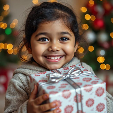 Portrait of a cute little girl holding a gift box and smilingの素材