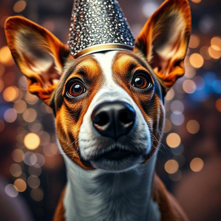 Portrait of a dog in a party hat on a bokeh background.の素材