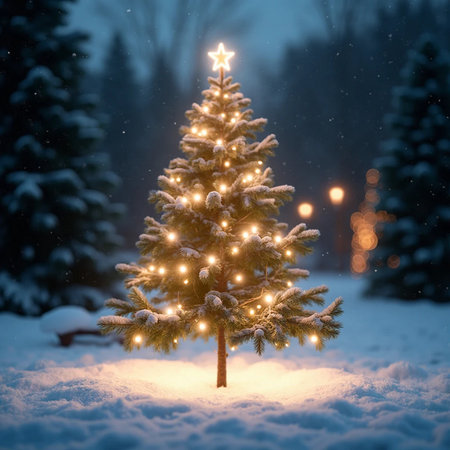 Christmas tree in the snow. Christmas and New Year holidays background.の素材