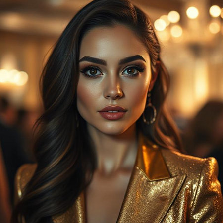 fashion interior photo of gorgeous woman with dark hair wears luxurious clothes and accessoriesの素材