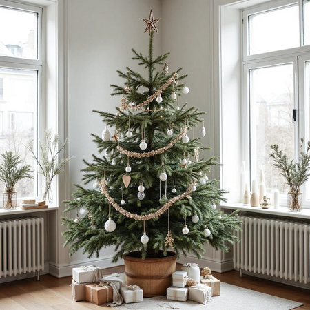 Christmas tree in the living room with gifts and a window on the backgroundの素材