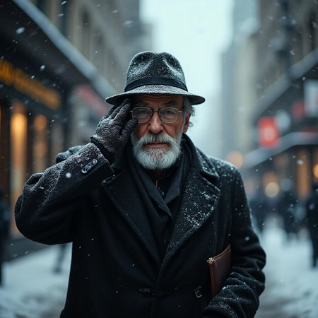 Portrait of an old man with gray beard and mustache in a black coat and hat on a snowy winter streetの素材