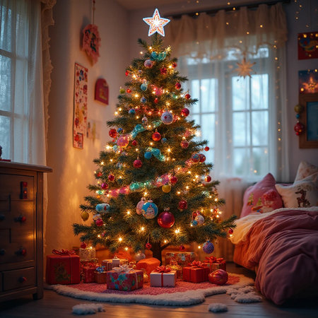 Christmas tree with gifts in the interior of the room with a large windowの素材