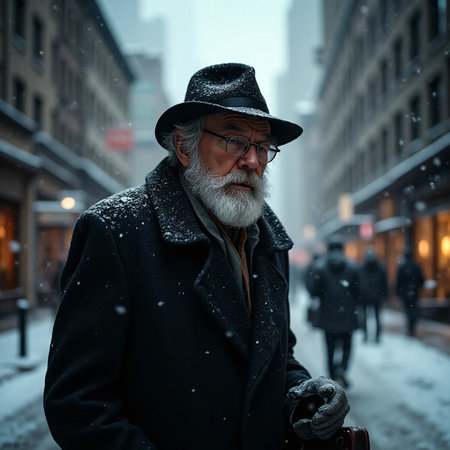 Portrait of a senior man with gray beard and mustache, wearing a black coat and hat, walking on a snowy street in New York City.の素材