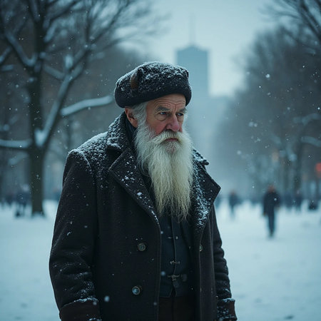 Old man with long gray beard and mustache on serious face in coat and beret on city street under heavy snowfallの素材