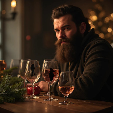 Bearded man, long beard, brutal caucasian hipster with moustache, sitting at table with glasses of rose wine and christmas tree on backgroundの素材
