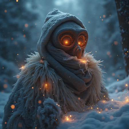 A man with a mask in the winter forest on a background of snow.の素材