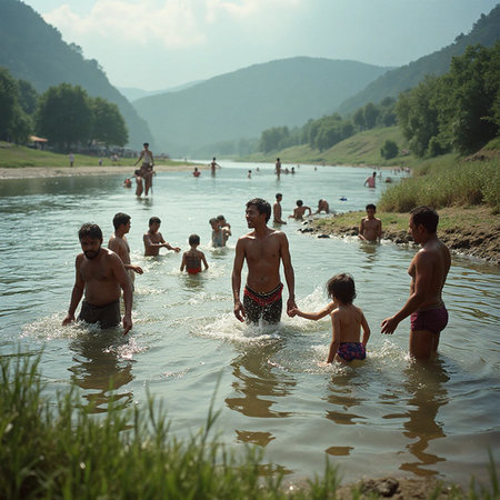 Children bathe in the river on a hot summer's day.の素材