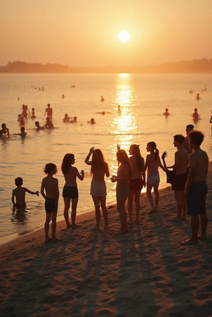 Group of young people having fun on the beach in the evening.の素材