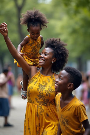 Happy African family having fun together in a park on a summer dayの素材