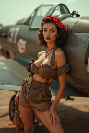 fashion outdoor photo of beautiful sexy woman with dark hair in elegant dress and accessories posing near old military aircraftの素材