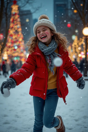 Winter fashion. Cheerful young woman in warm clothing having fun on the streetの素材