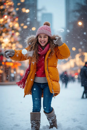 Beautiful young woman having fun in the city at winter time.の素材