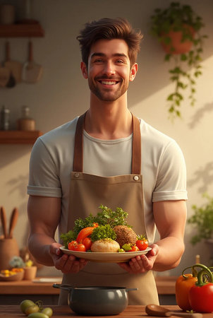 Handsome young man holding bowl with vegetables while standing in kitchenの素材