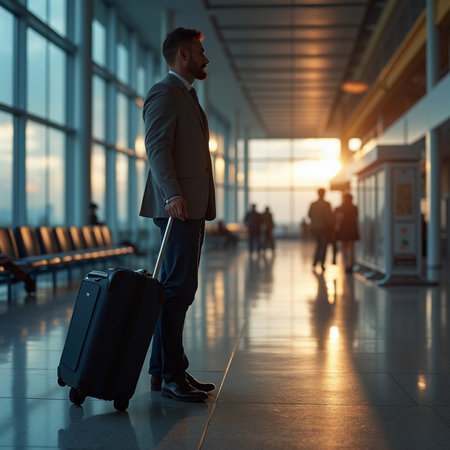Businessman with suitcase in airport terminal. Travel and tourism concept.の素材