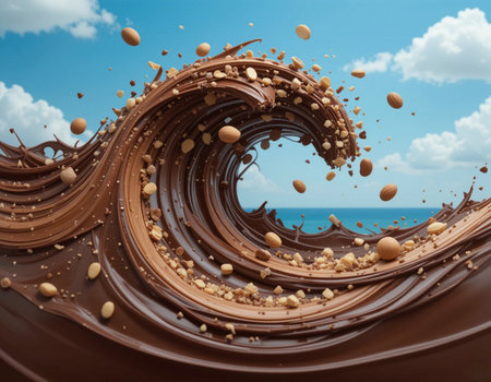 chocolate swirl with nuts and blue sky background. 3d renderingの素材