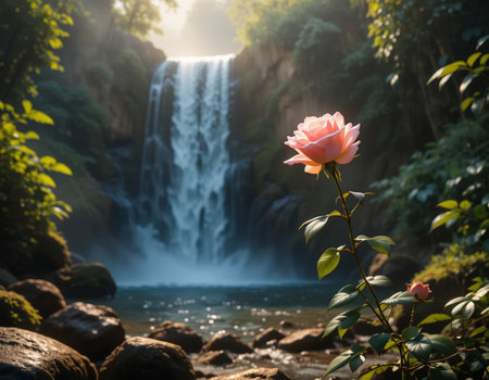 Beautiful pink rose on the background of a waterfall in the forestの素材