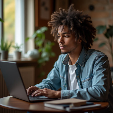 Serious african american freelancer working on laptop in cafeの素材