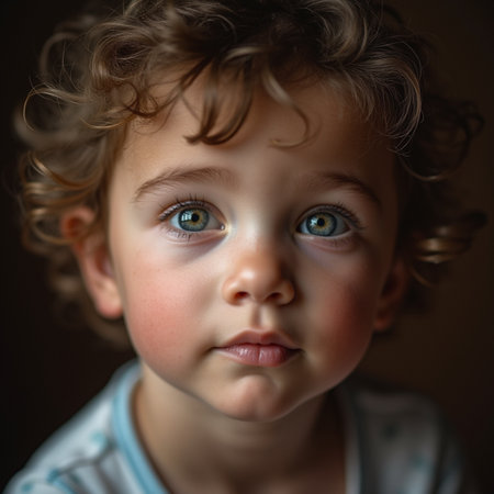 Portrait of a beautiful little boy with curly hair and blue eyesの素材