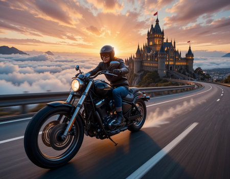 Motorcyclist on a motorcycle in front of the castle of Hohenzollern in Austriaの素材