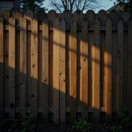 Wooden fence in the evening light. The shadow of the sun on the fence.の素材