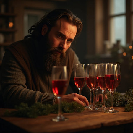 Portrait of a bearded man sitting at a table with two glasses of wine.の素材
