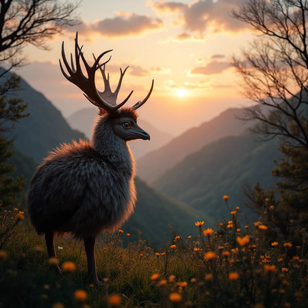 Deer in the mountains at sunset. Beautiful nature landscape. Wild animal.の素材