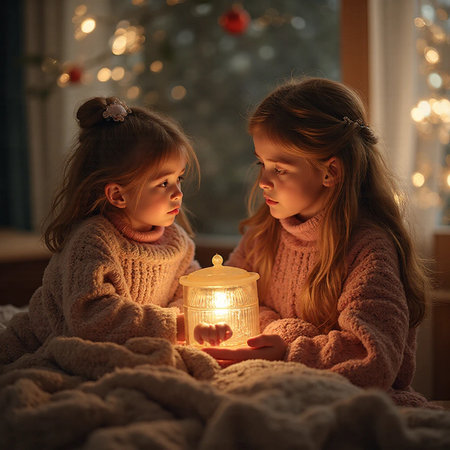 Two little girls are sitting on the bed and looking at the candle.の素材