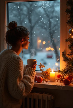 Young woman with cup of hot drink at home near window in winter.の素材