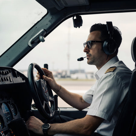 Pilot in a cockpit of a plane with a microphone and headphonesの素材