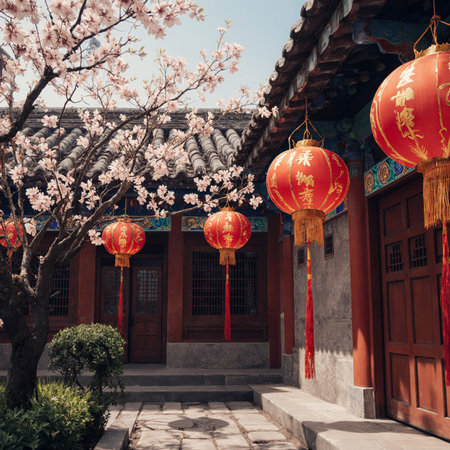 Traditional Chinese temple with blooming cherry blossoms in spring.の素材