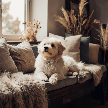 Cute white dog on the windowsill with pillows and cushionsの素材