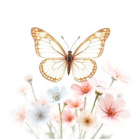 Butterfly and flowers on a white background with copy space.の素材