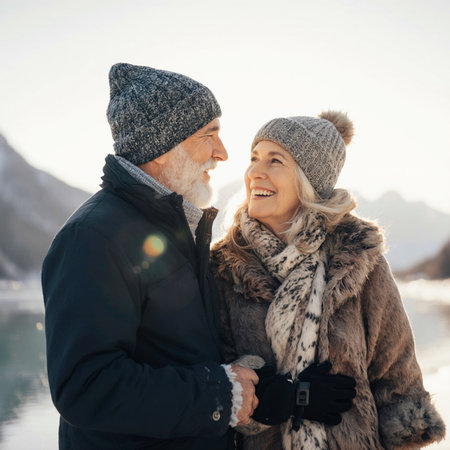 Happy senior couple in winter clothes looking at each other and smiling outdoorsの素材