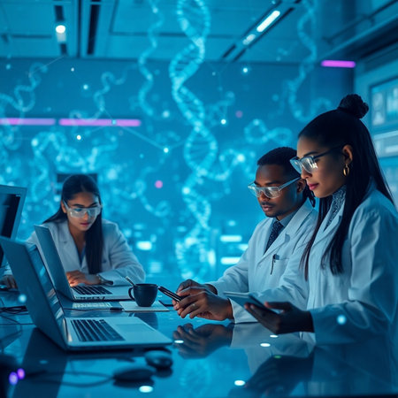 Attentive african american scientists working on laptop in laboratoryの素材