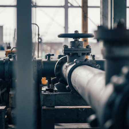 Industrial zone, Steel pipelines, valves and equipment in a factoryの素材