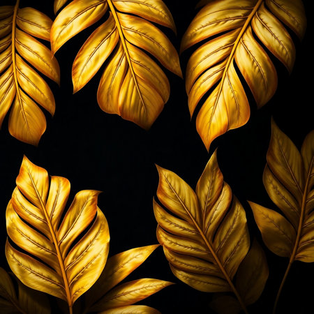 Golden Monstera leaves on black background. Tropical palm leaves pattern.の素材